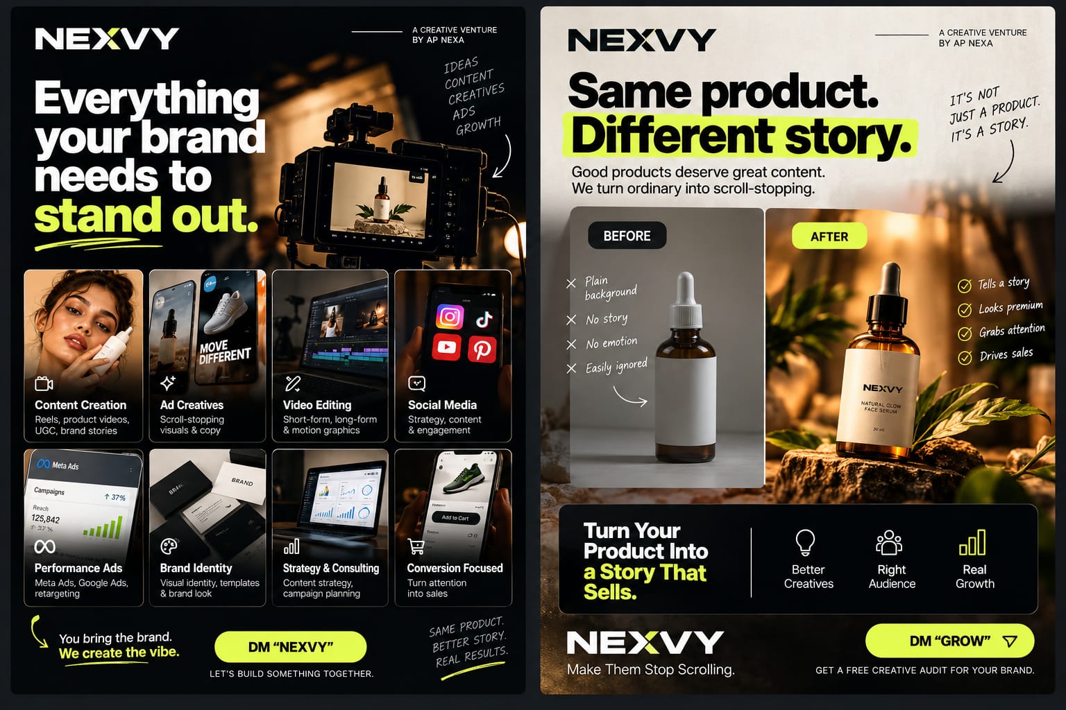 Nexvy campaign — services grid and before/after product story